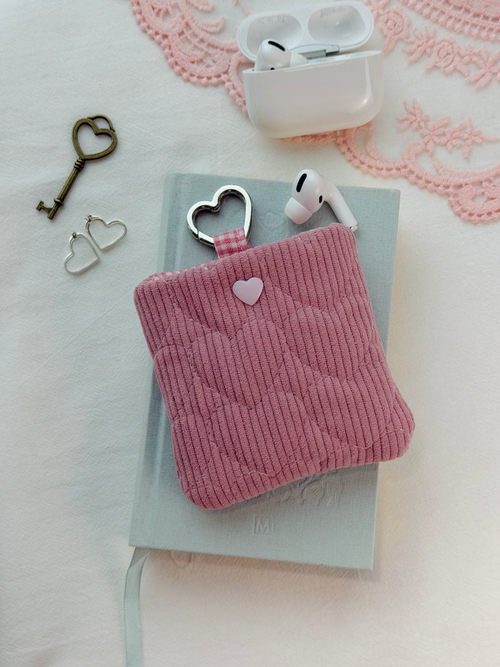 Dusty Pink Quilted Hearts AirPods Pouch