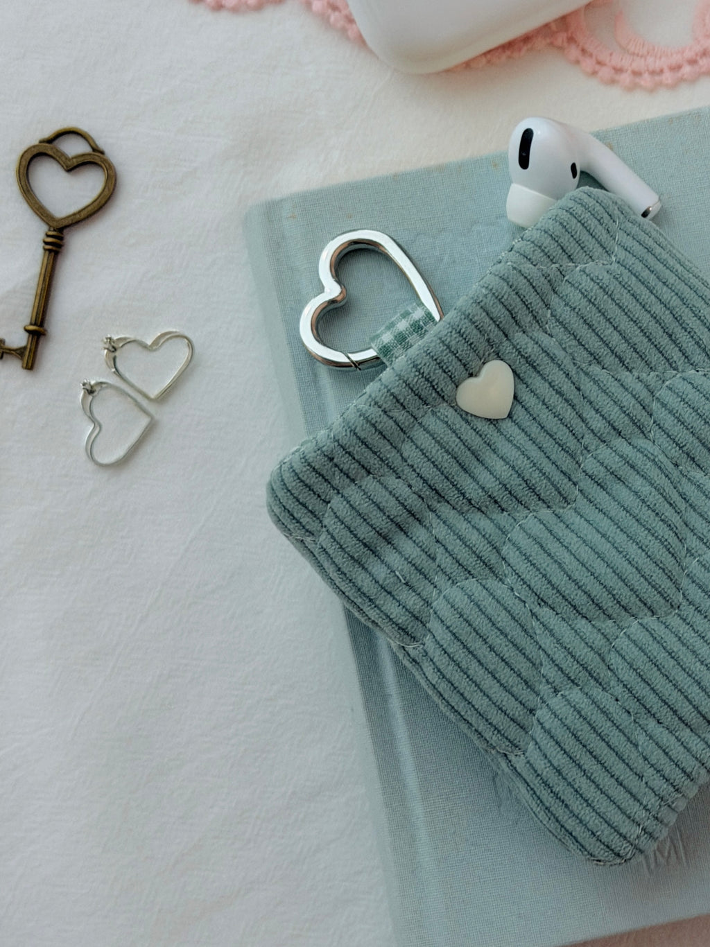Sage Green Quilted Hearts AirPods Pouch