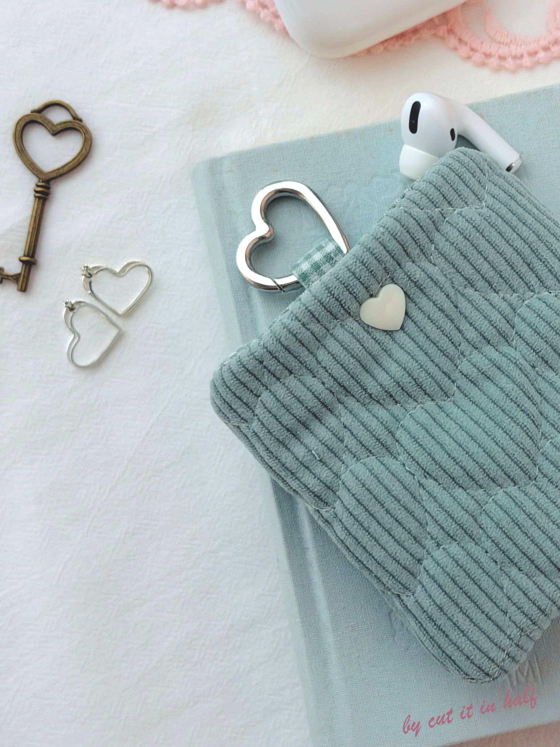 Sage Green Quilted Hearts AirPods Pouch