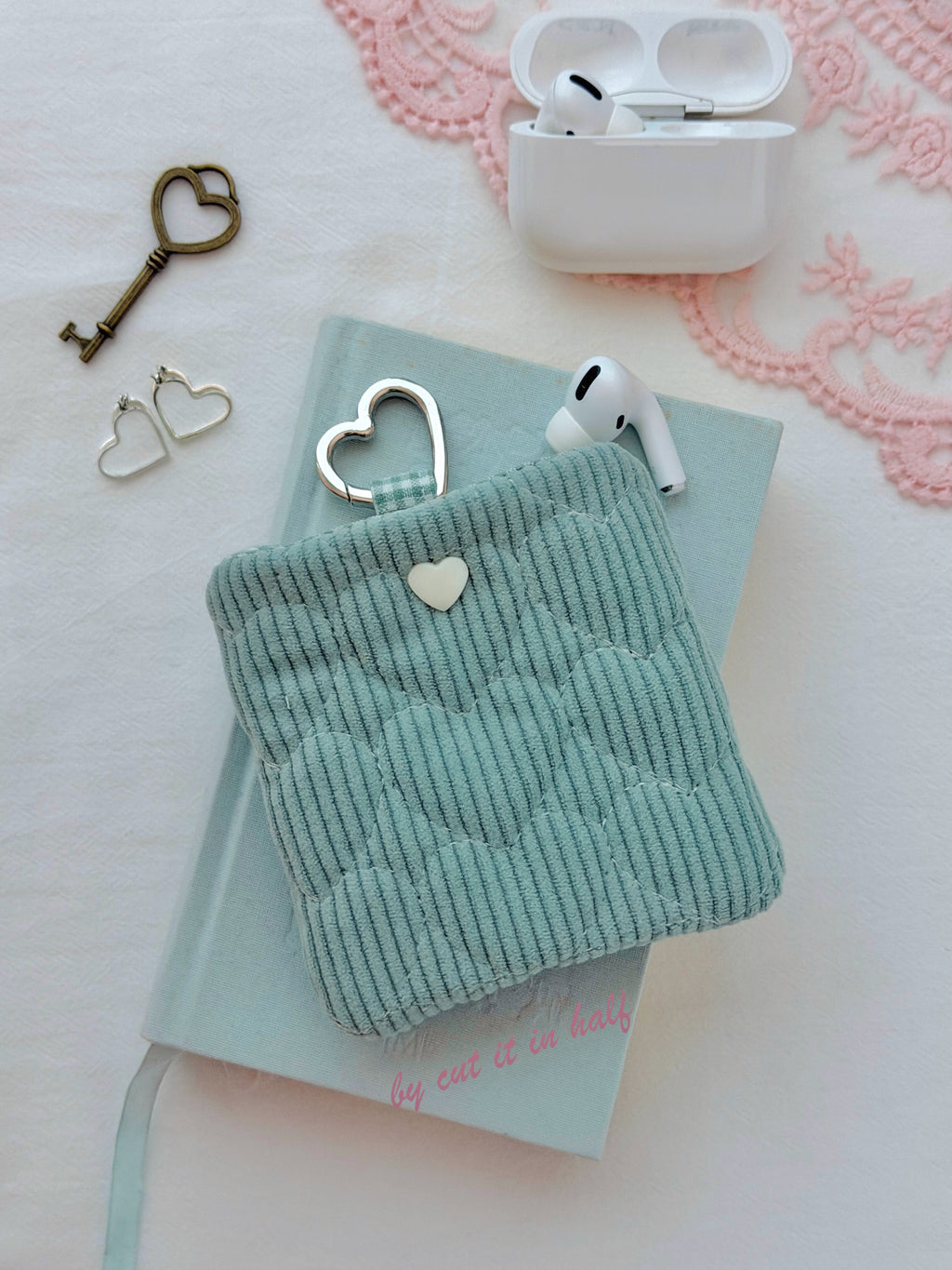 Sage Green Quilted Hearts AirPods Pouch