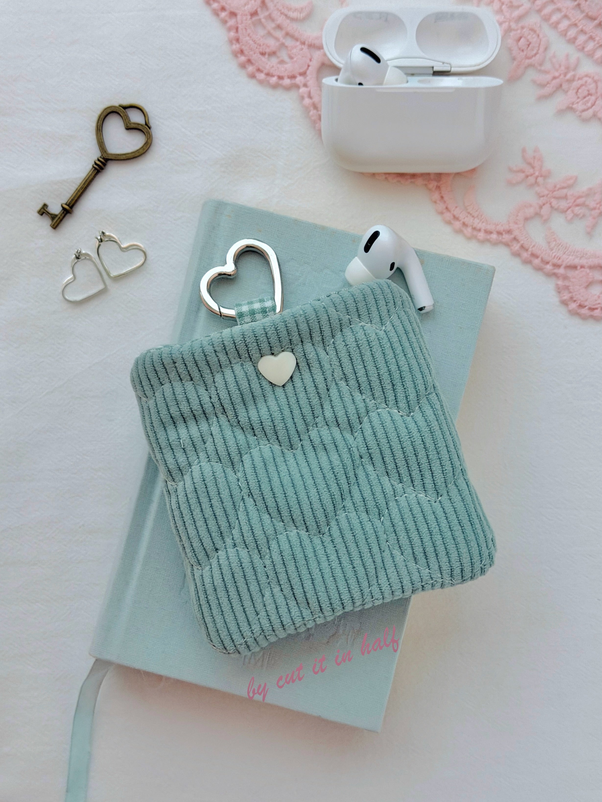 Sage Green Quilted Hearts AirPods Pouch